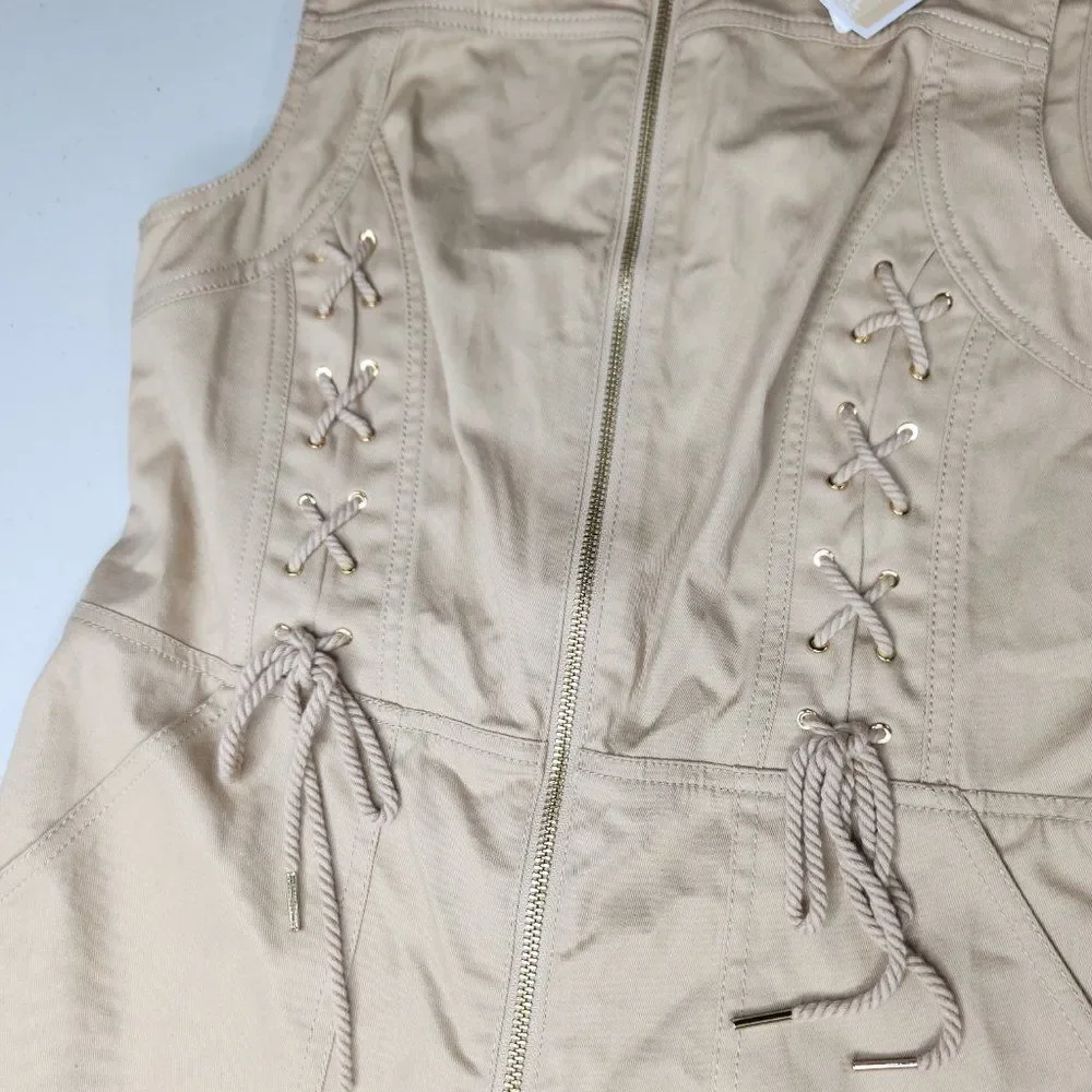 New NWT Michael Kors Women Zip Khaki Utility Tank Knee Length Dress Size Medium